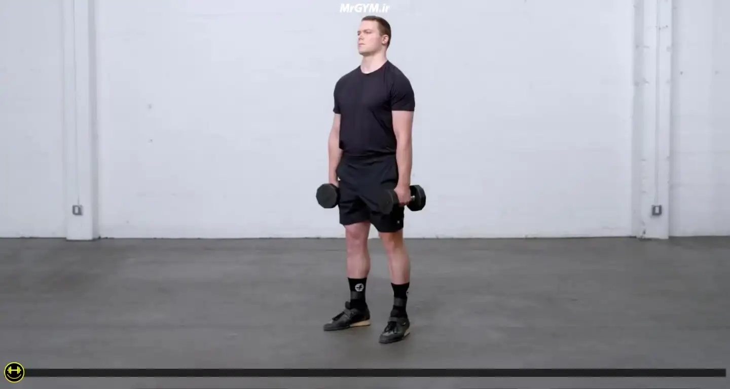 آموزش حرکت ساق پا به شراگ با دمبل (Dumbbell Calf Raise to Shrug)