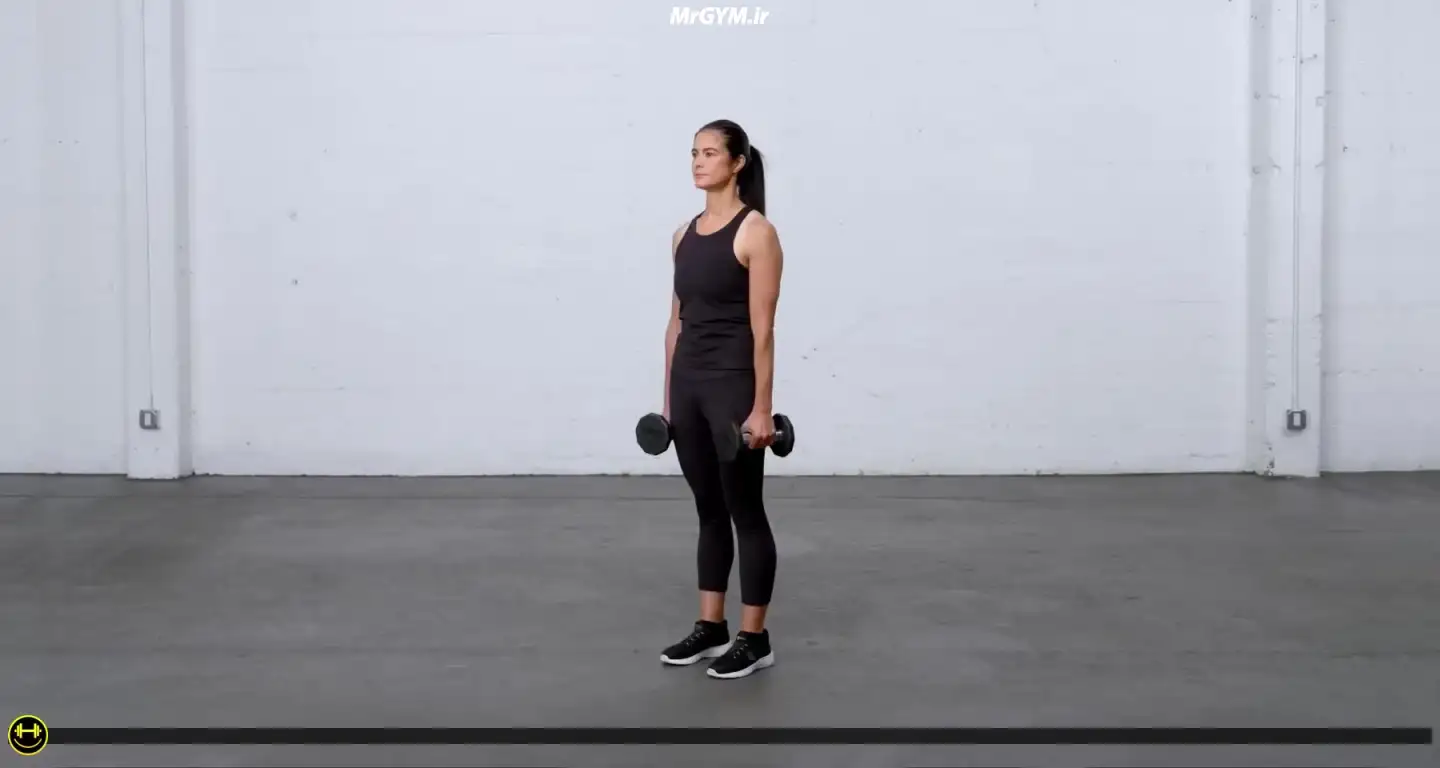 آموزش حرکت جلو بازو چکشی ایستاده با دمبل به پرس جلو (Dumbbell Standing Hammer Curl To Front Press)