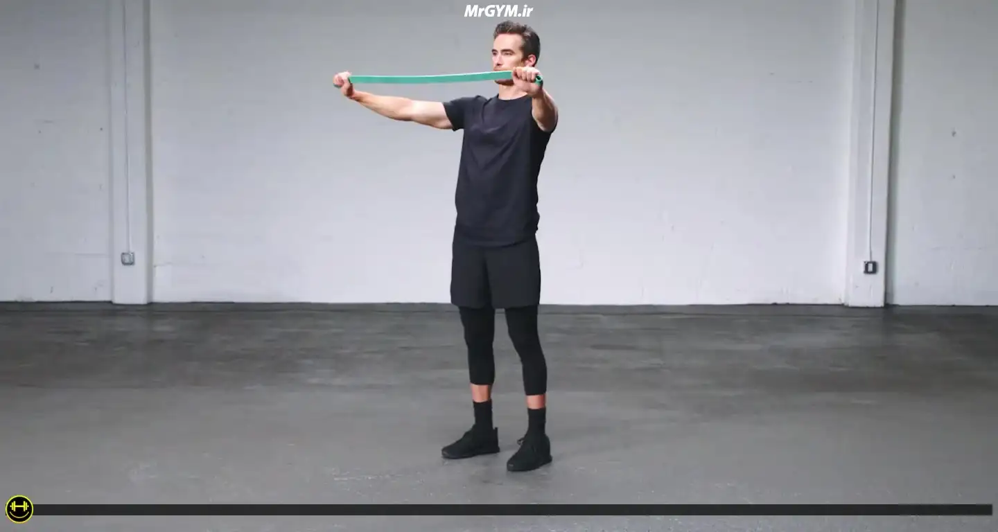 آموزش حرکت فشردن شانه با کش حلقه ای (Loop Band Shoulder Squeeze)