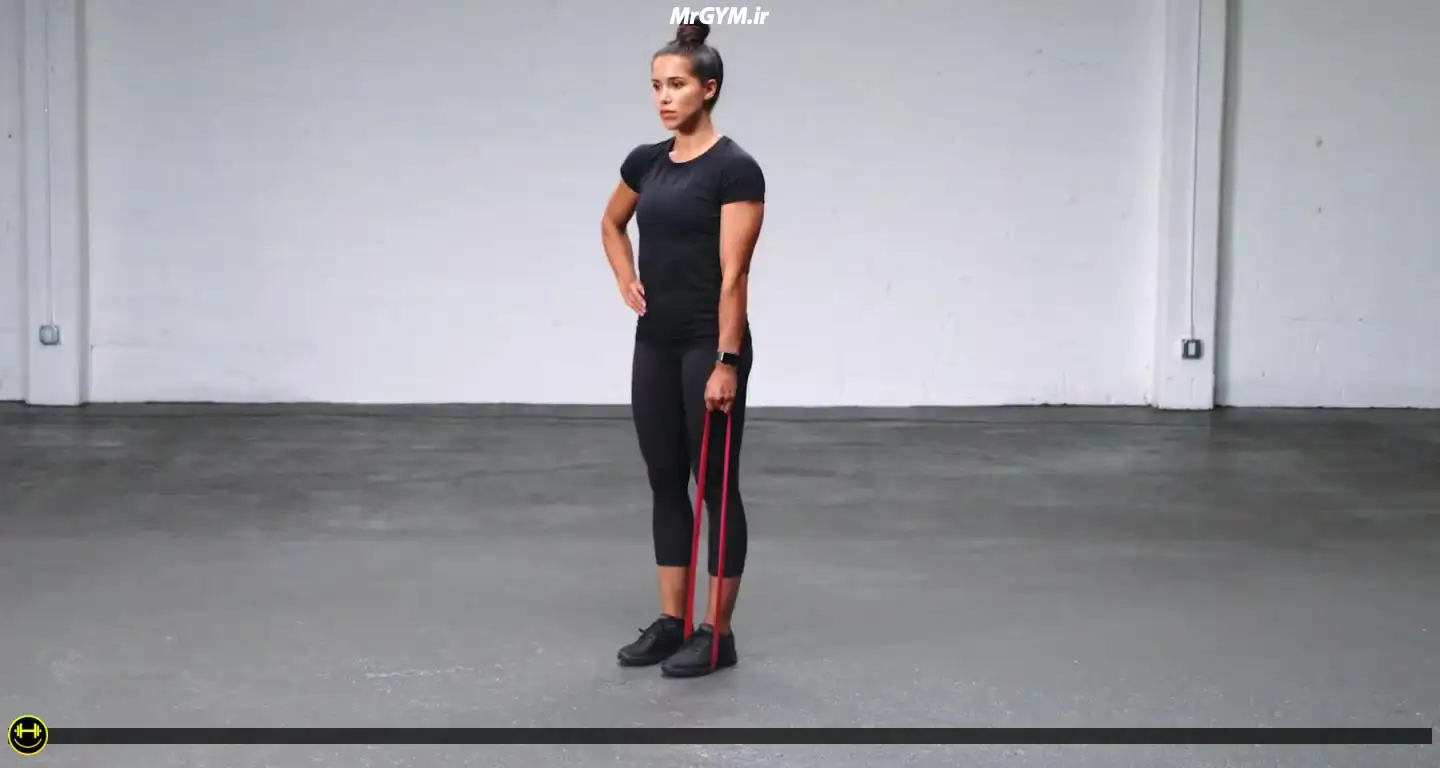 آموزش حرکت ددلیفت رومانیایی تک پا با پارویی و مینی بند (Mini Loop Band Single Leg Romanian Deadlift with Row)